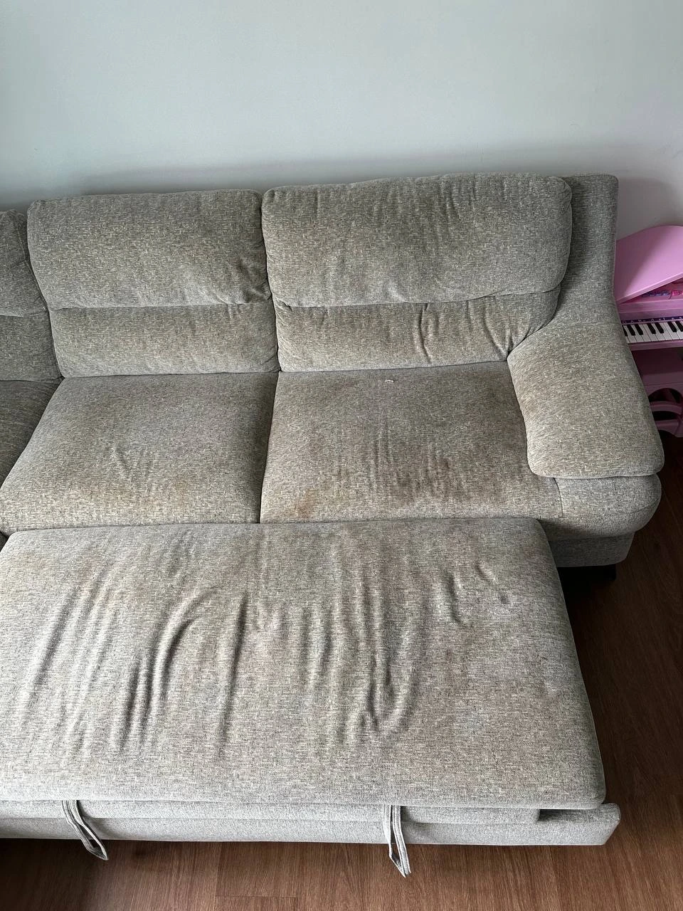 Before professional cleaning - showing dirt, stains and wear on furniture